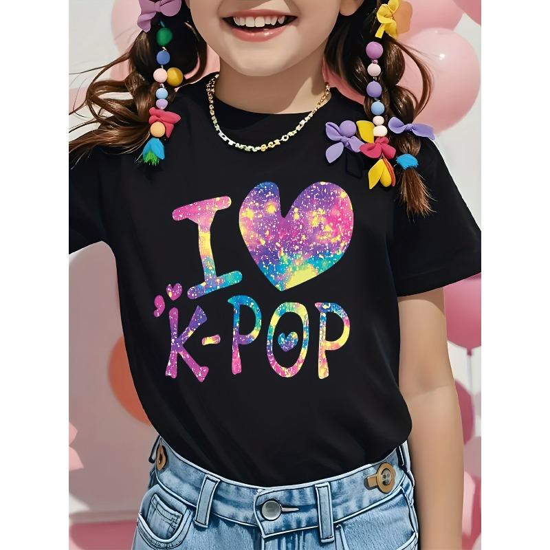 Girls Crewneck Short Sleeve Tee, K-Pop Letter Logo Print 110 чёрный