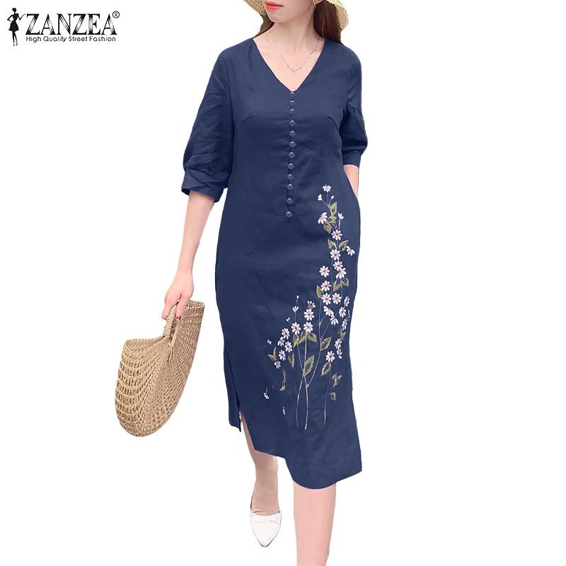 ZANZEA Women Casual V-Neck 3/4 Sleeve Loose Floral Embroidery Dress