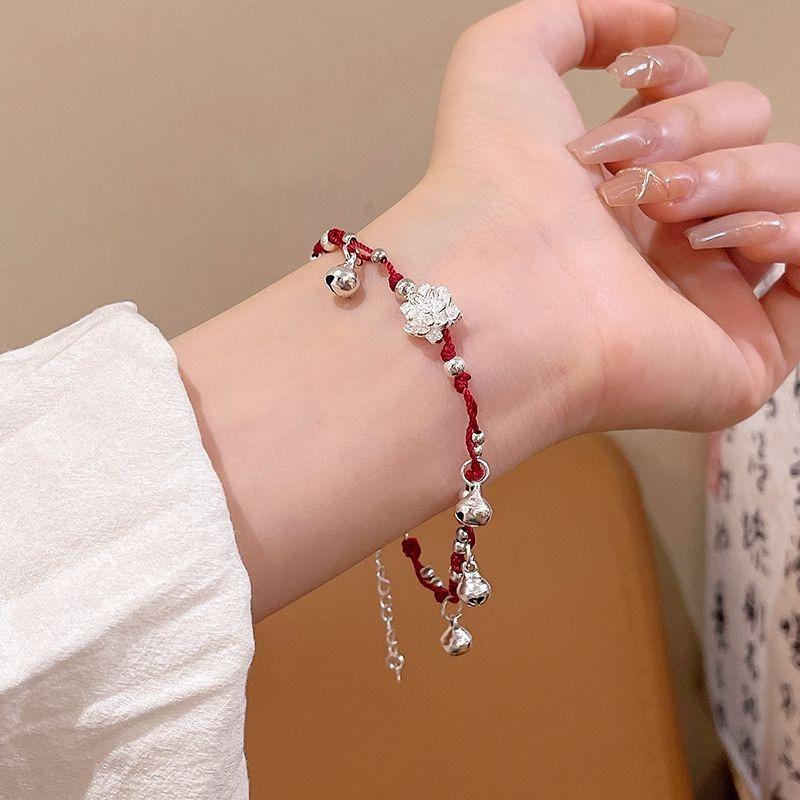 Miaojiang girl~ red rope bell lotus bracelet female court hand-woven lucky anklet to attract lucky students