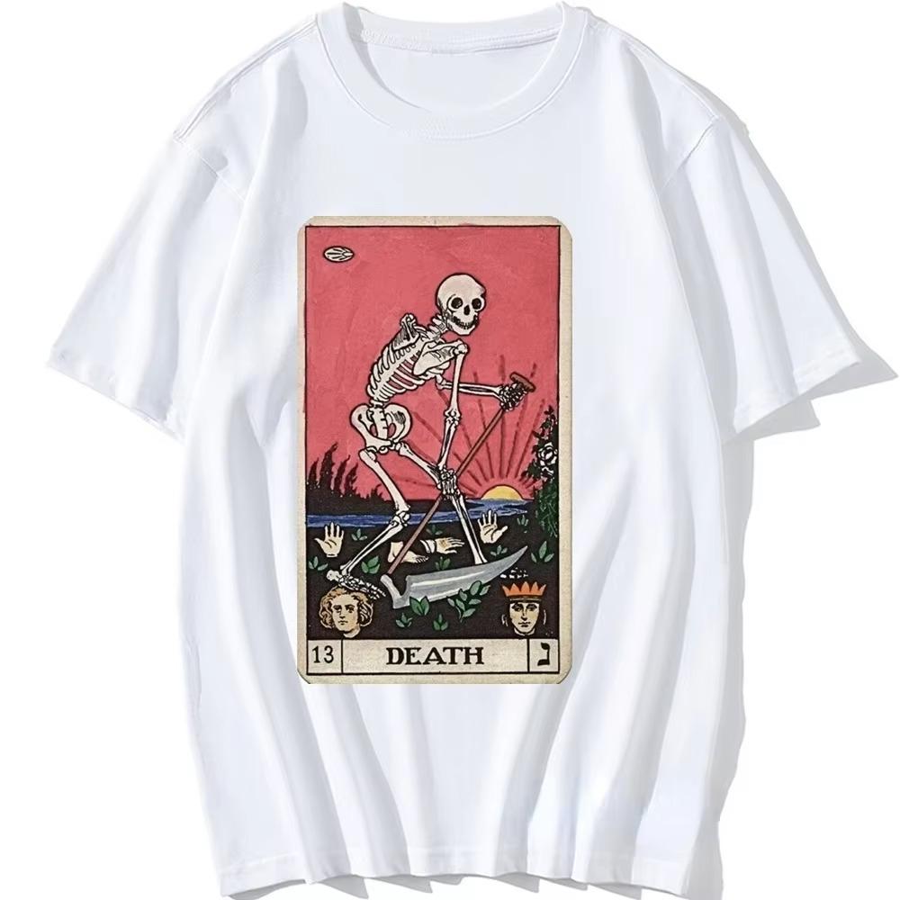 Harajuku Retro Death Tarot TShirt for Men Clothing Major Arcana Halloween Clothes Spooky Skeleton Creepy Tee Ropa Hombre Custom