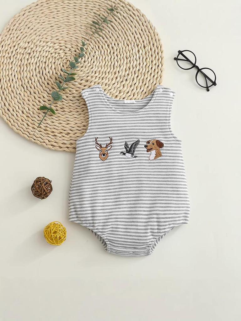 European Summer Baby Romper - Sleeveless Striped with Animal Embroidery for Boys & Girls