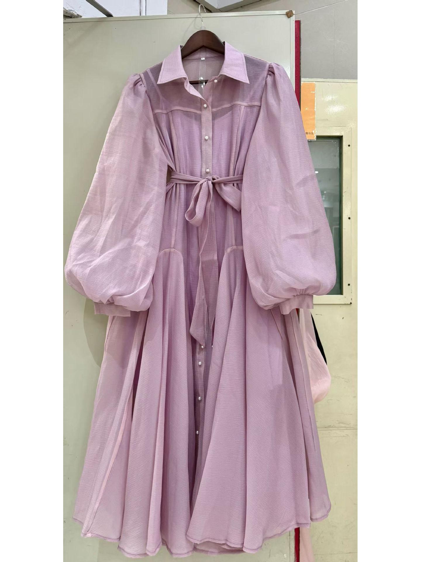 

Elegant Solid Color Puff Sleeve Midi Dress - Women s Waist-Cinching Swing Style S фиолетовый