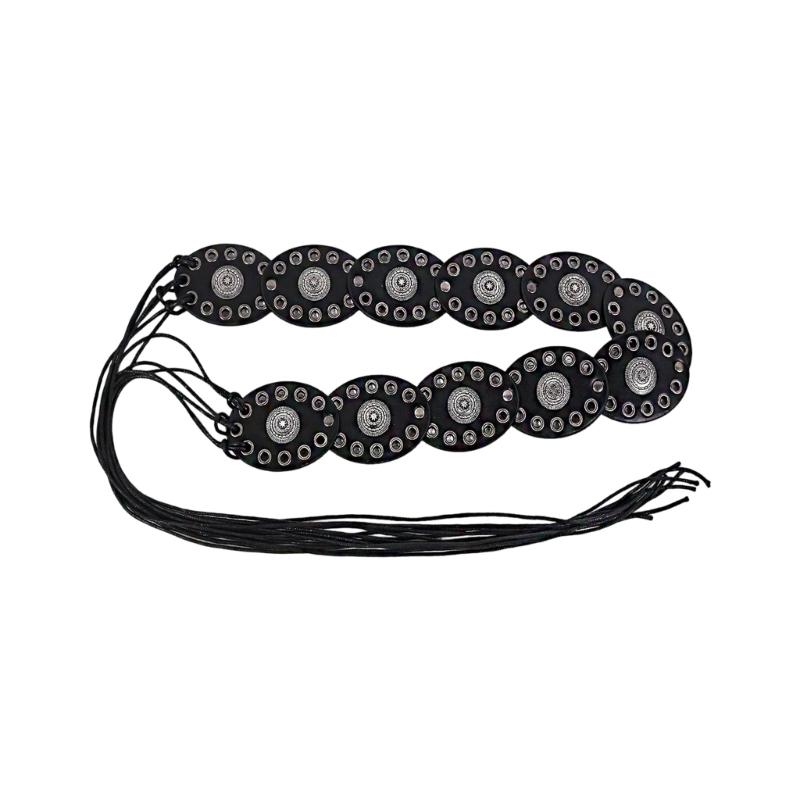 Bohemian Oval Disc Waist Belt PU Leather Selftied Belt Adjustable Waist Strap For Women Girl Daily Outfit Stage Wear