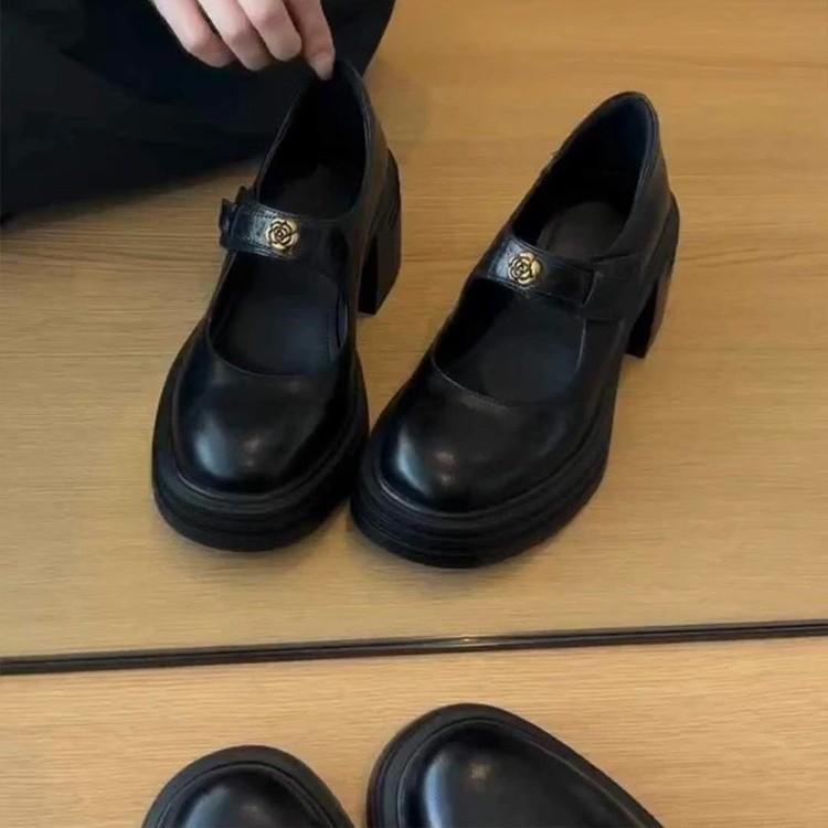 Sheepskin Version~ Temperament High-heeled Mary Jane Shoes Women's Velcro Light Mouth Thick Sole Small Commuter Single Shoes Small Leather Shoes