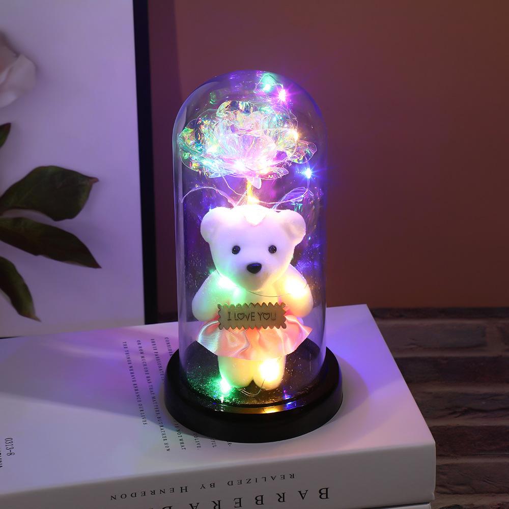 Cartoon bear gold foil flower with lampshade, cute desktop creative ornament bedside night light Valentine's Day gift