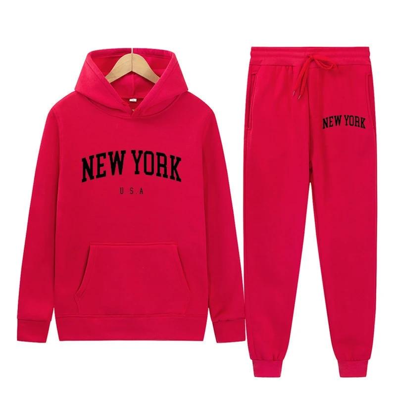 New York Letter USA City Hoodies + Hosen 2-teiliges Set Damenmode Sweatshirts Damen Casual Kapuzenpullover Sportwear-Anzug