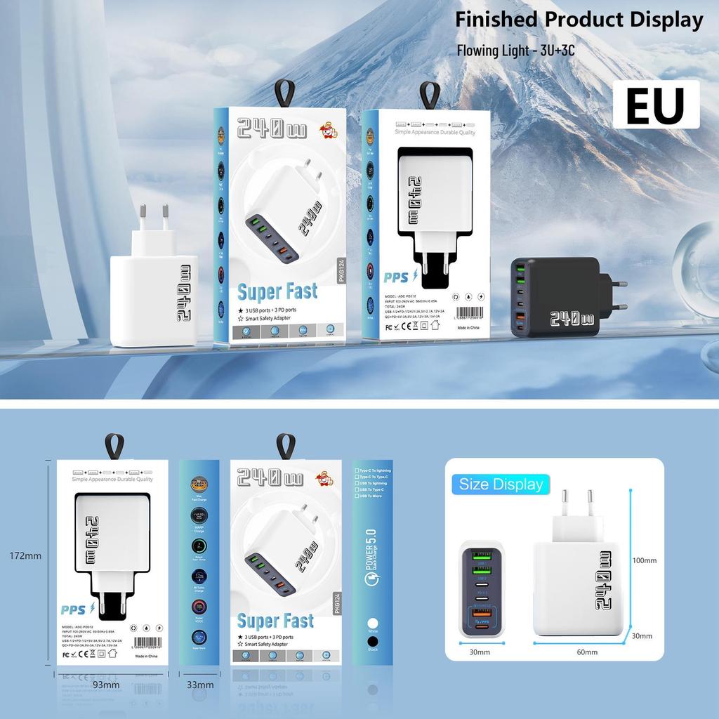 240W Multi-Port Mobile Charger: 3 USB + 3 PD, Fast Charging 5V/3.1A