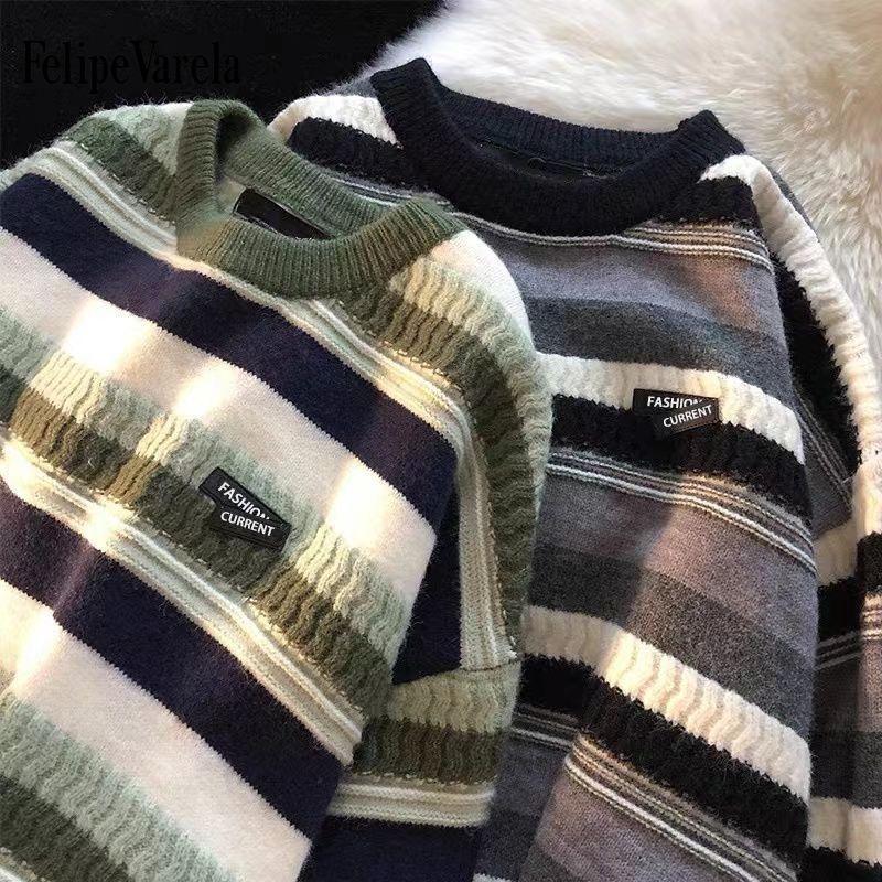 Unisex Striped Crew Neck Knitted Sweater - Autumn/Winter Trend, Hong Kong Style, Loose Fit, Versatile and Cozy.