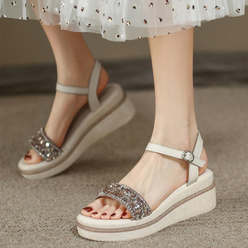 Keilabsatz Verschleißfest, Bequem und Modisch Damen Sommer Strass Dicksohlige Sandalen