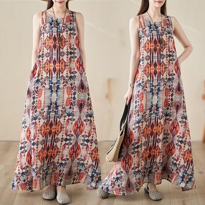 Real Shot Summer New Bohemian Long Dress Fattened Plus Sleeveless Crew Neck Printed Dress Women