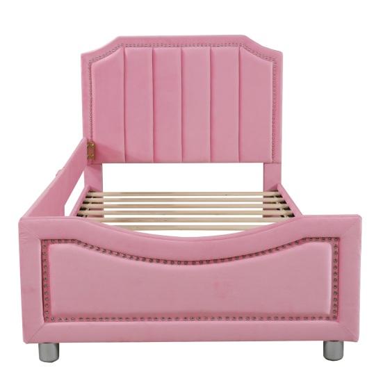 Teen Bed Children Bed, Upholstered 90x200cm Sofa Frame Flannel Multifunctional Soft with Backrest Armrest Parent-Child Youth Guest Pink