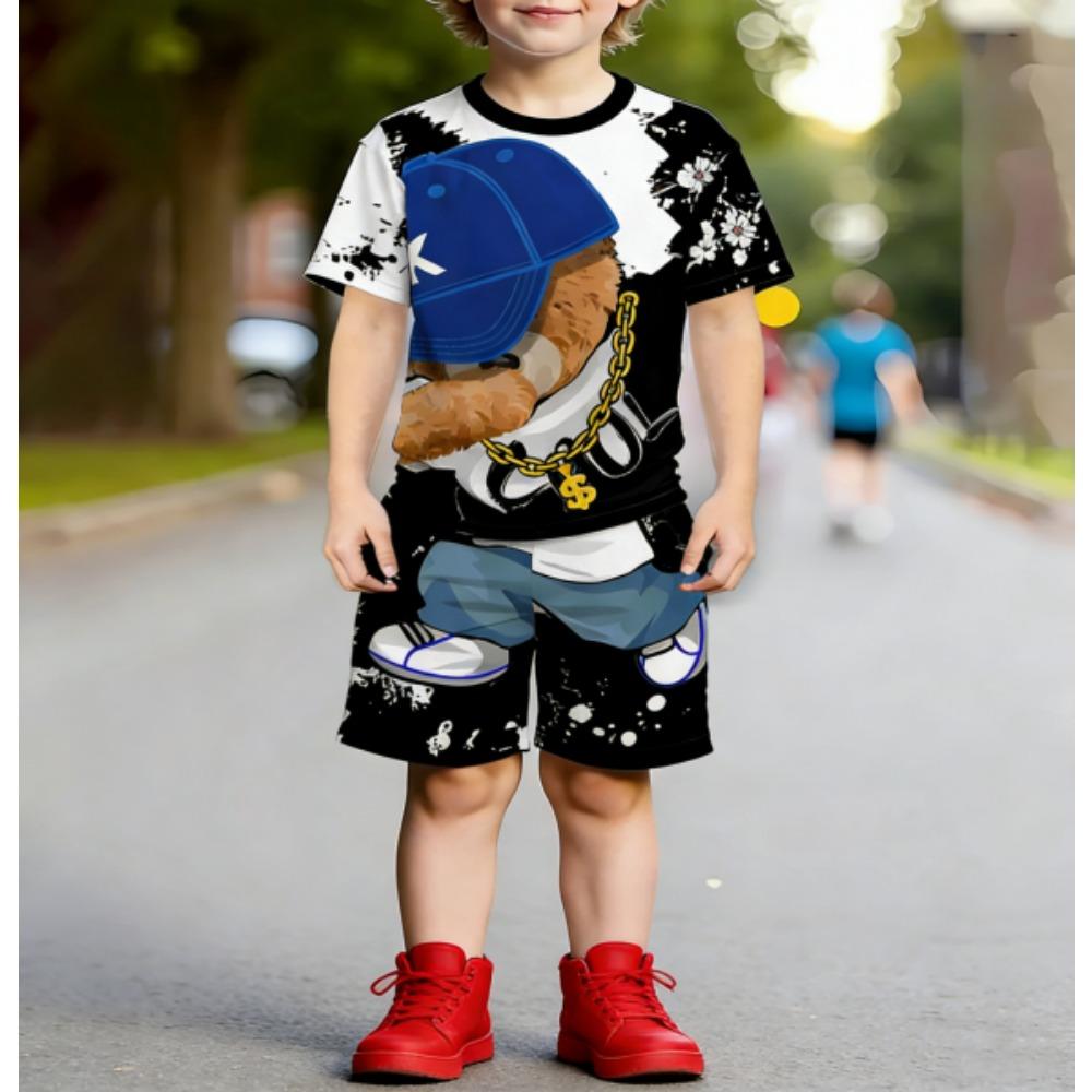 Europe and America Hip Hop Bear Men's Set Summer Men's T-shirt and Shorts 2 Piece Set Outdoor Casual Men's and Women's Outfit
