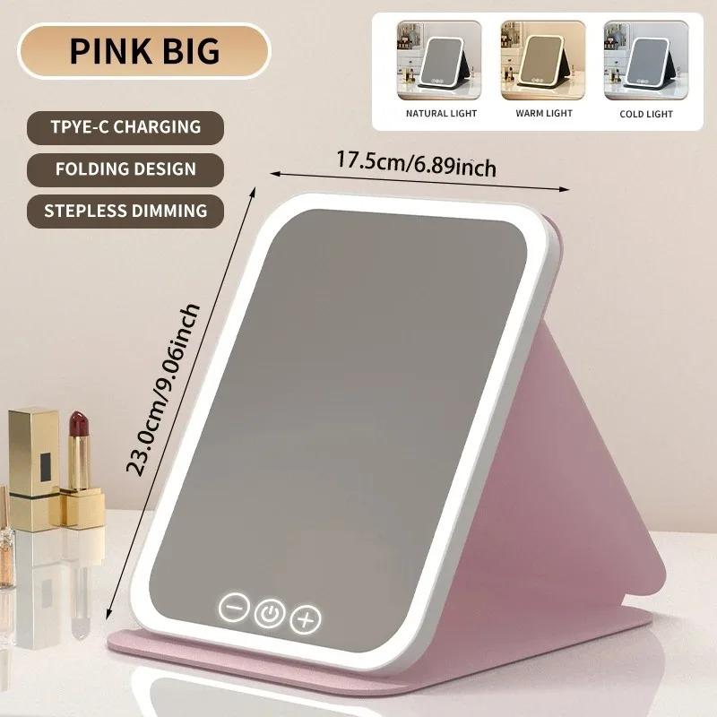 Portable 3 Colors LED Makeup Mirror Pocket Mirror USB Rechargeable Touch Control 3 Brightness Dimmable for Daily Travel Gift