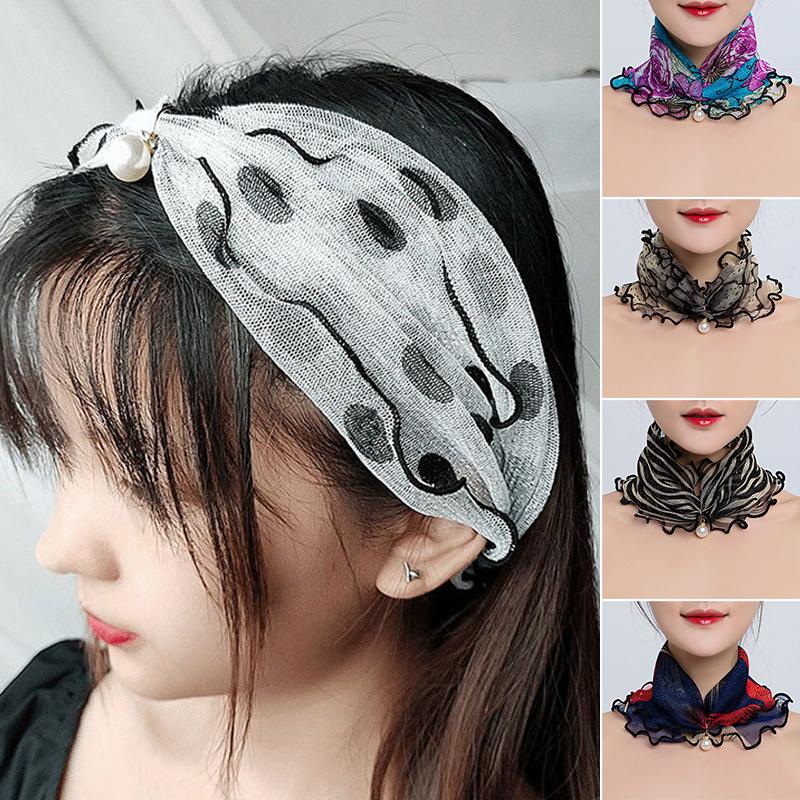 Fake Pearl Pendant Organza Neck Collar Chiffon Scarves Print Shiny Variety Loop Scarf New Bandana Headband Clothing Accessories