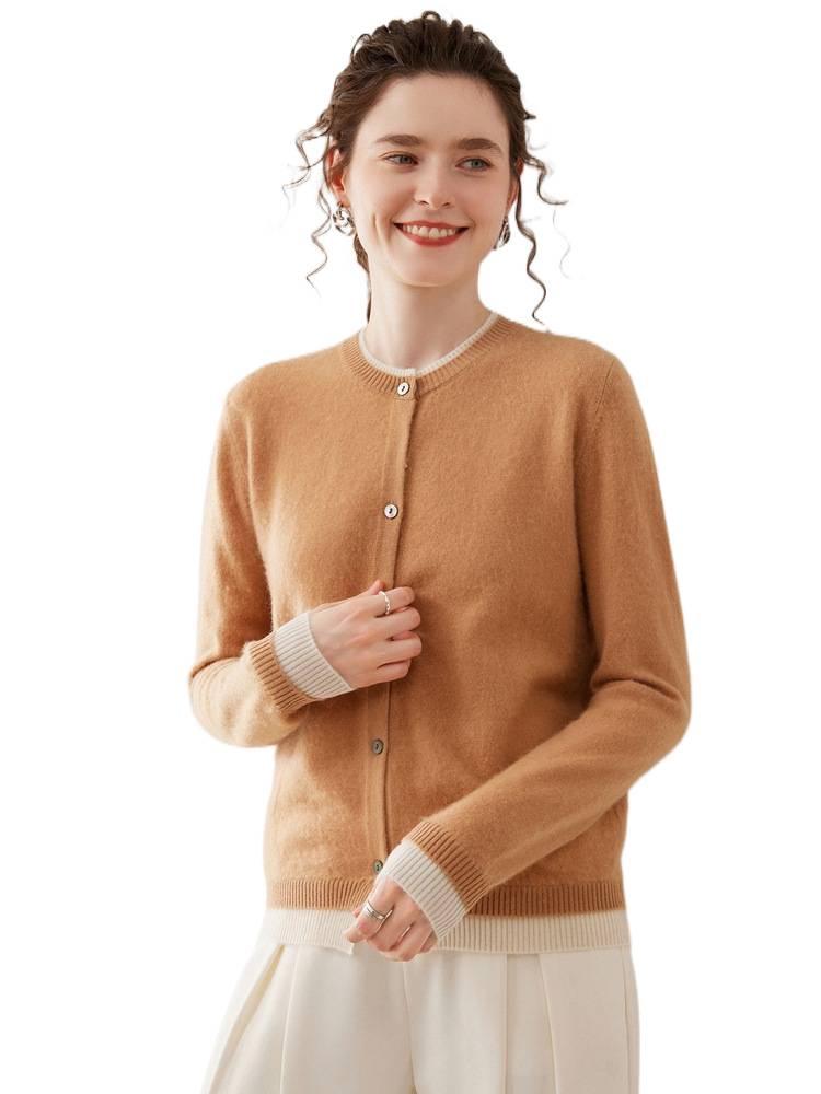 Trending Cashmere Sweater: Two-Piece Color Block, Soft Knit Round Neck, Women's Cardigan