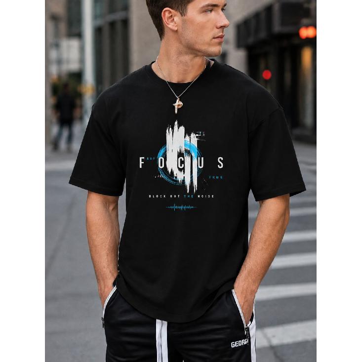 Men s Black Graphic Tee with Abstract  Focus  Print, Crew Neck Short Sleeve Casual Fit for Streetwear & Daily Wear S чёрный