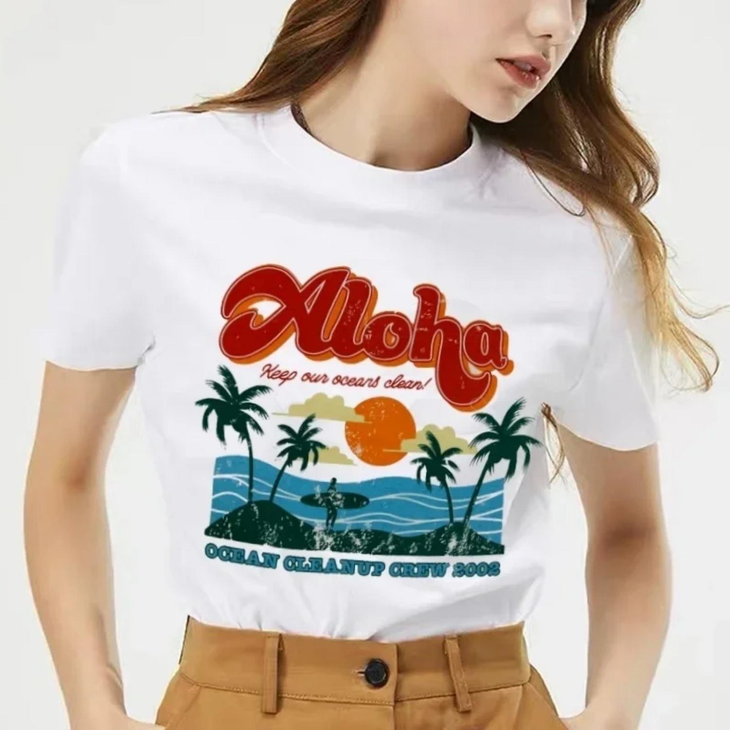 

Aloha Keep Our Oceans Clean Graphic T Shirt Short Sleeve Cotton Women T-Shirt Vintage Fashion Aesthetic Tee Fashion Female Tops XXXXXL білий