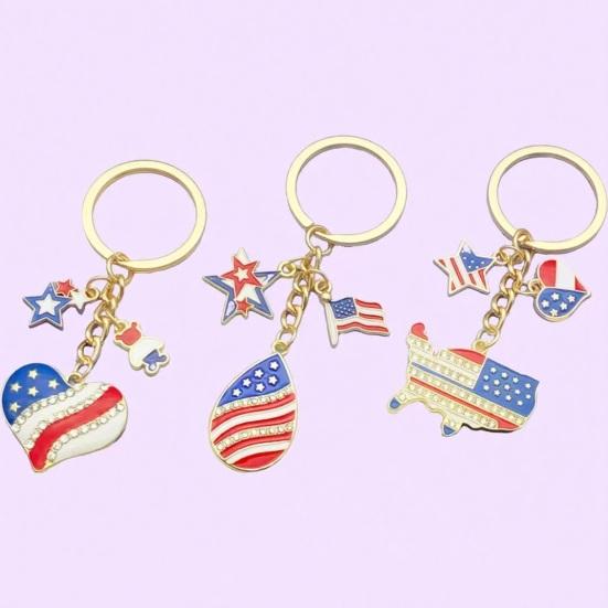 Independence Day Keychain Pendant, Enamel Zinc Alloy Key Holder with USA Letters Stars Hearts Patriotic Design, American Flag Accessory
