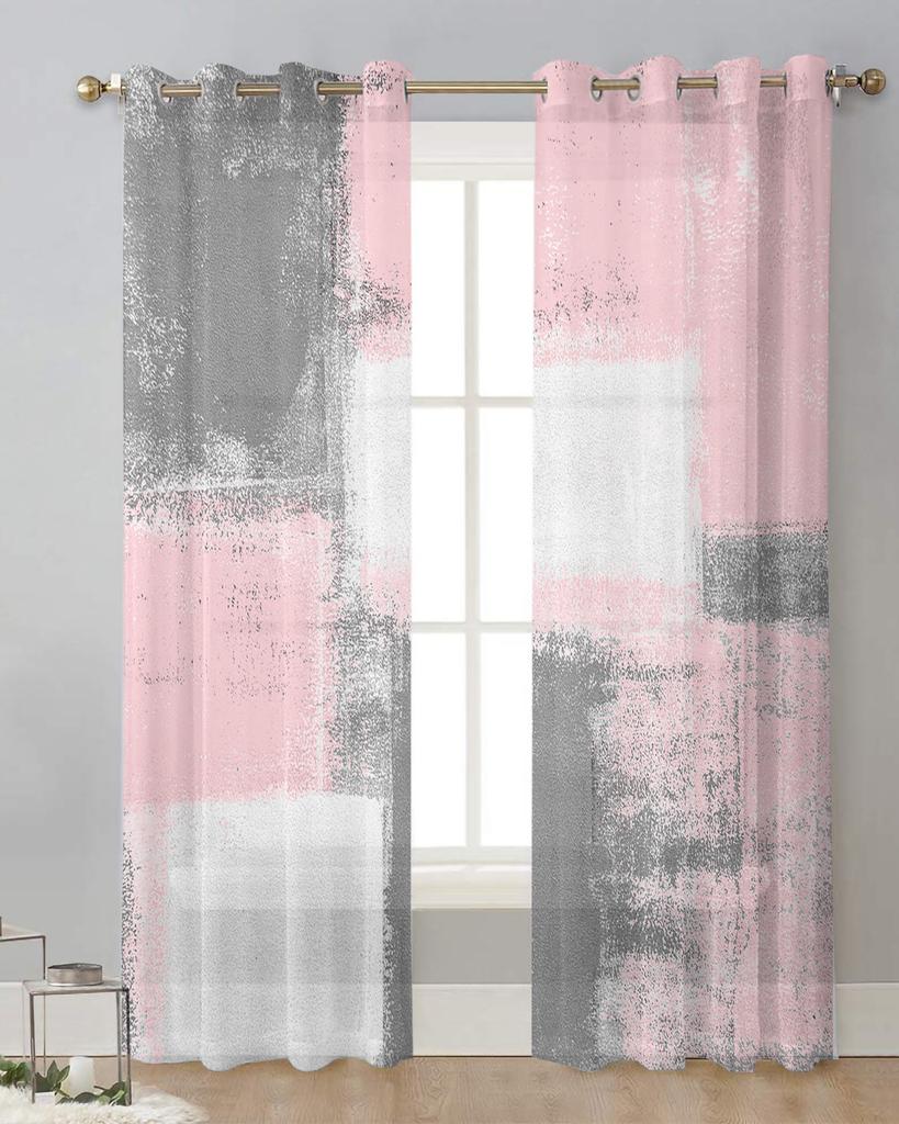 Pink Oil Painting Texture Paint Sheer Curtains for Living Room Decoration Window Curtains Kitchen Tulle Voile Organza Curtains