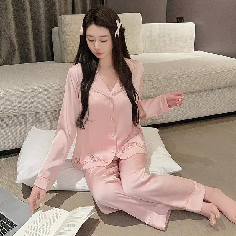 Spring and autumn new simple ice silk acetic acid pajamas women's long-sleeved trousers high-end loungewear suit can be worn outside