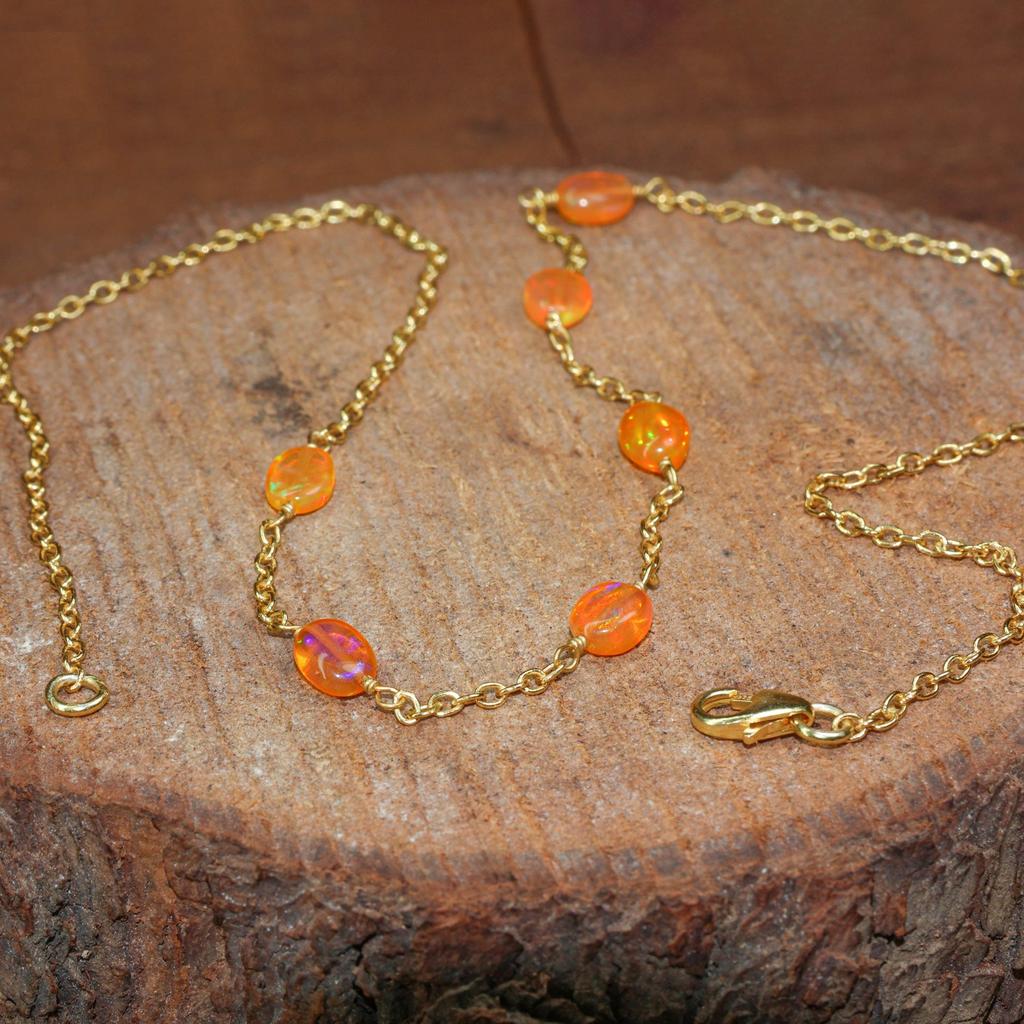 Fire Orange Opal Tumble Beads Chain Necklace, Ethiopian Fire Opal Chain Necklace, Opal Delicate Jewelry for Women, Birthstone Gift for Her