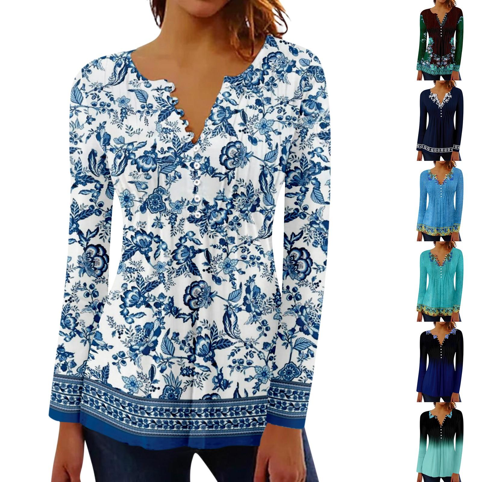 

Women s Pleated Button Retro Floral Print Top S ціан