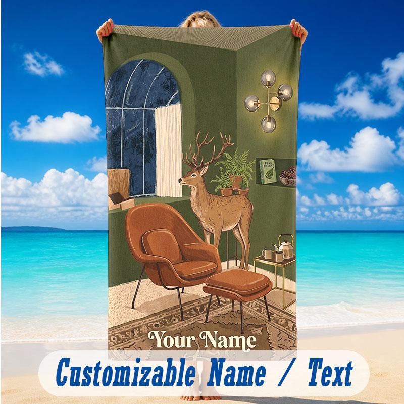 Deer Theme Beach Towel Personalized Custom Name & Text Soft Quick Dry Beach Towel for Swimming Travel