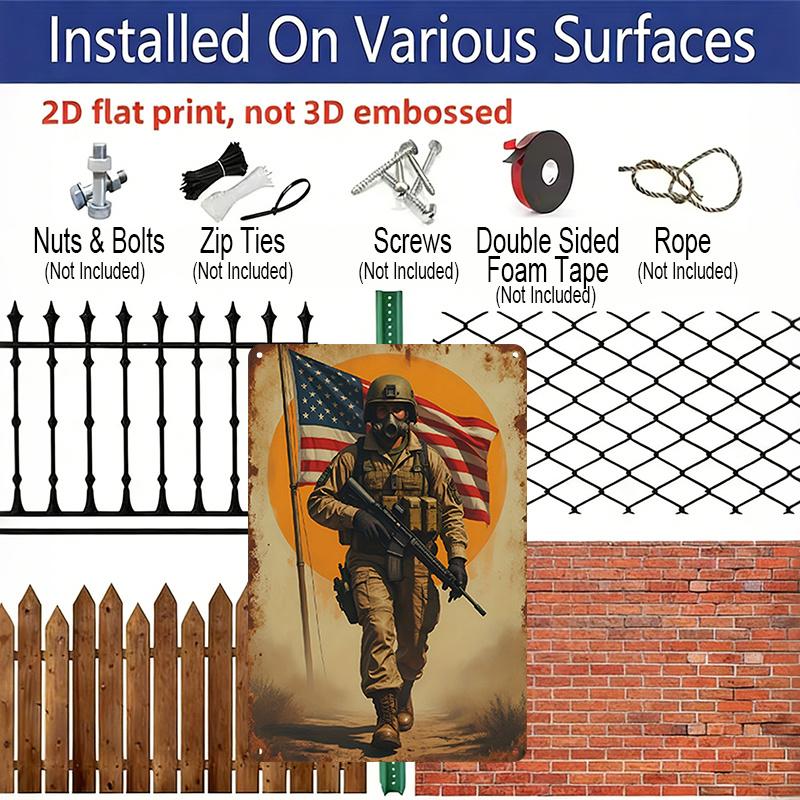 2D Flat Decorative Aluminum Sign Plaque 1pc 8x12 Inch Sign with Message "American Flag and Soldiers" Perfect Room Decor for Veteran Room, Living