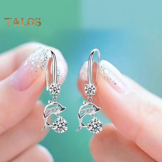 1 Pair Korean Style Hook Earrings Dolphin Design Shiny Rhinestones Drop Earrings Women Mid-length Earrings
