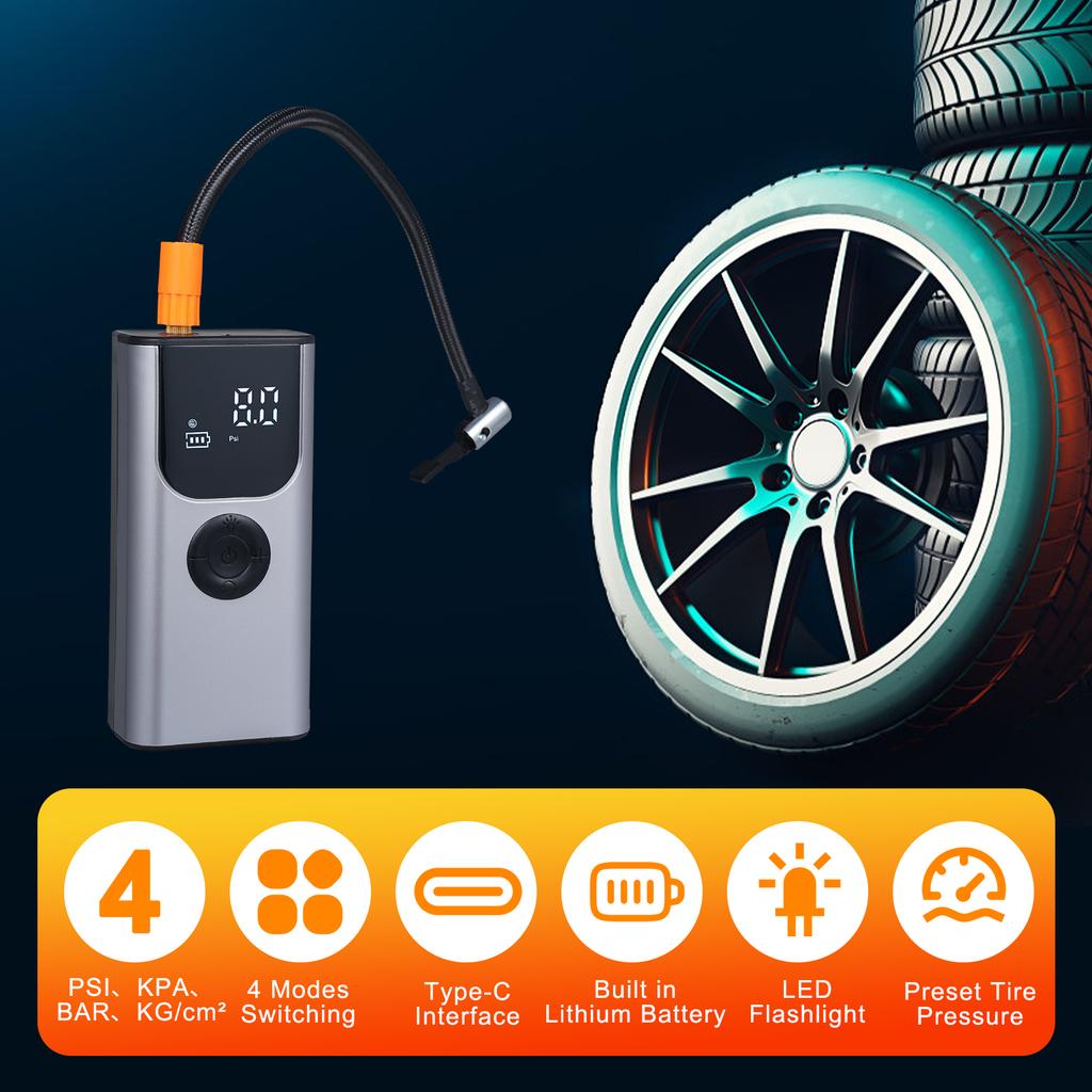 Portable Tire Inflator, Multifunctional for Car, Motorcycle, Tires, Basketball, Power Bank LED SOS Light Function Preset Tire P