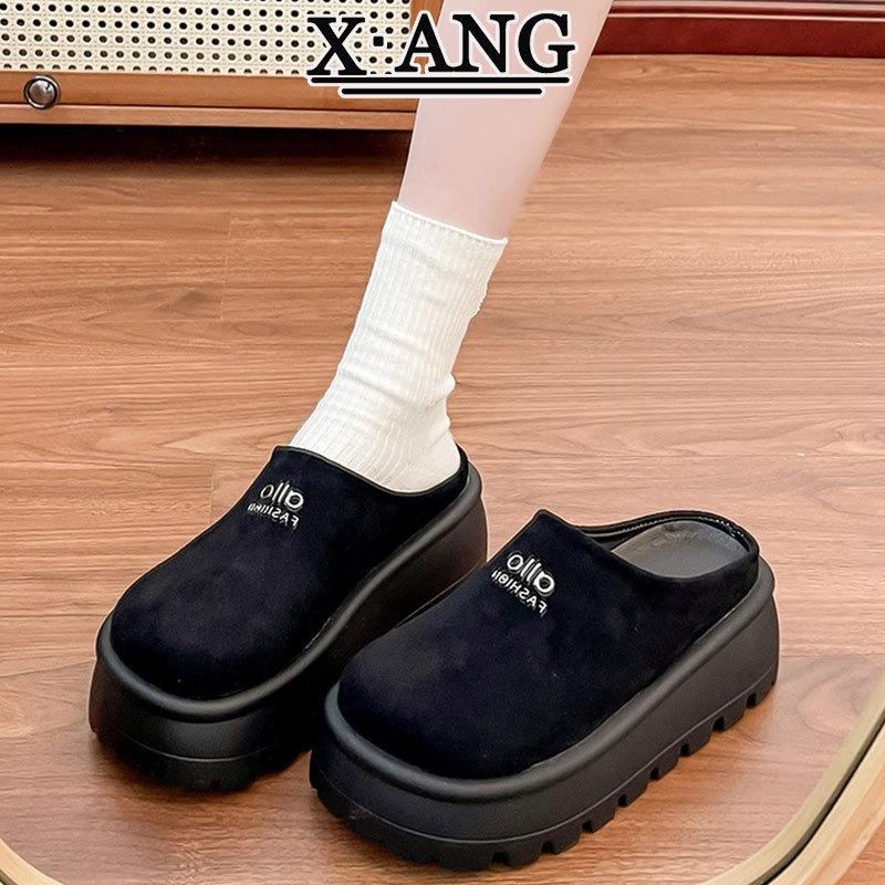 

Cowhide version ultra soft sole thick sole height increase small women s shoes bag head half slippers wear one pedal single shoes 40