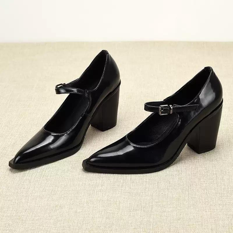 Women's Chunky Heel Mary Janes Patent Leather Dress Shoes with Buckle Decor for Office & Formal Occasions