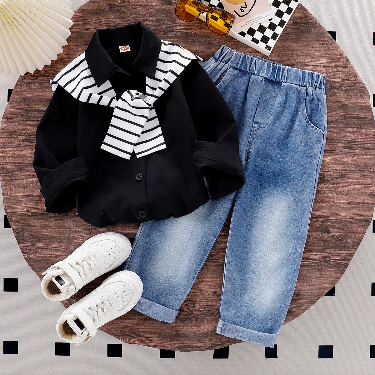 

Модный костюм для девочек, весенне-осенний детский повседневный однотонный комплект из двух предметов: пальто и джинсовые брюки 6Y