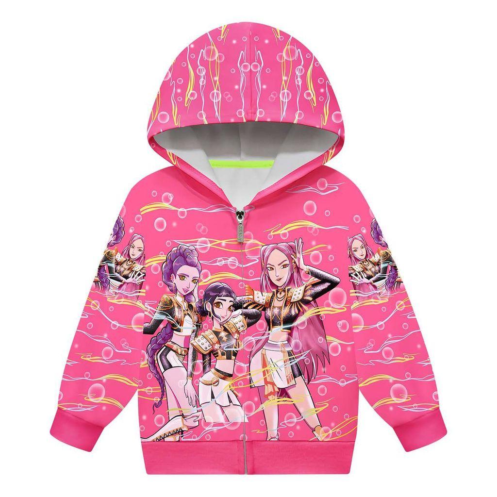 Kids Girls POP Singer Rumi Zoey Mira Printed Casual Hooded Zipper Long Sleeves Jacket Coat
