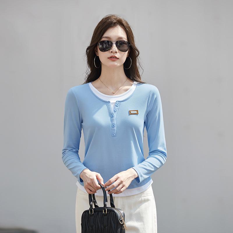 Plus Size Color Block Long Sleeve T-Shirt for Women - 2025 Autumn Design, Waist-Slimming Fake Two-Piece Style