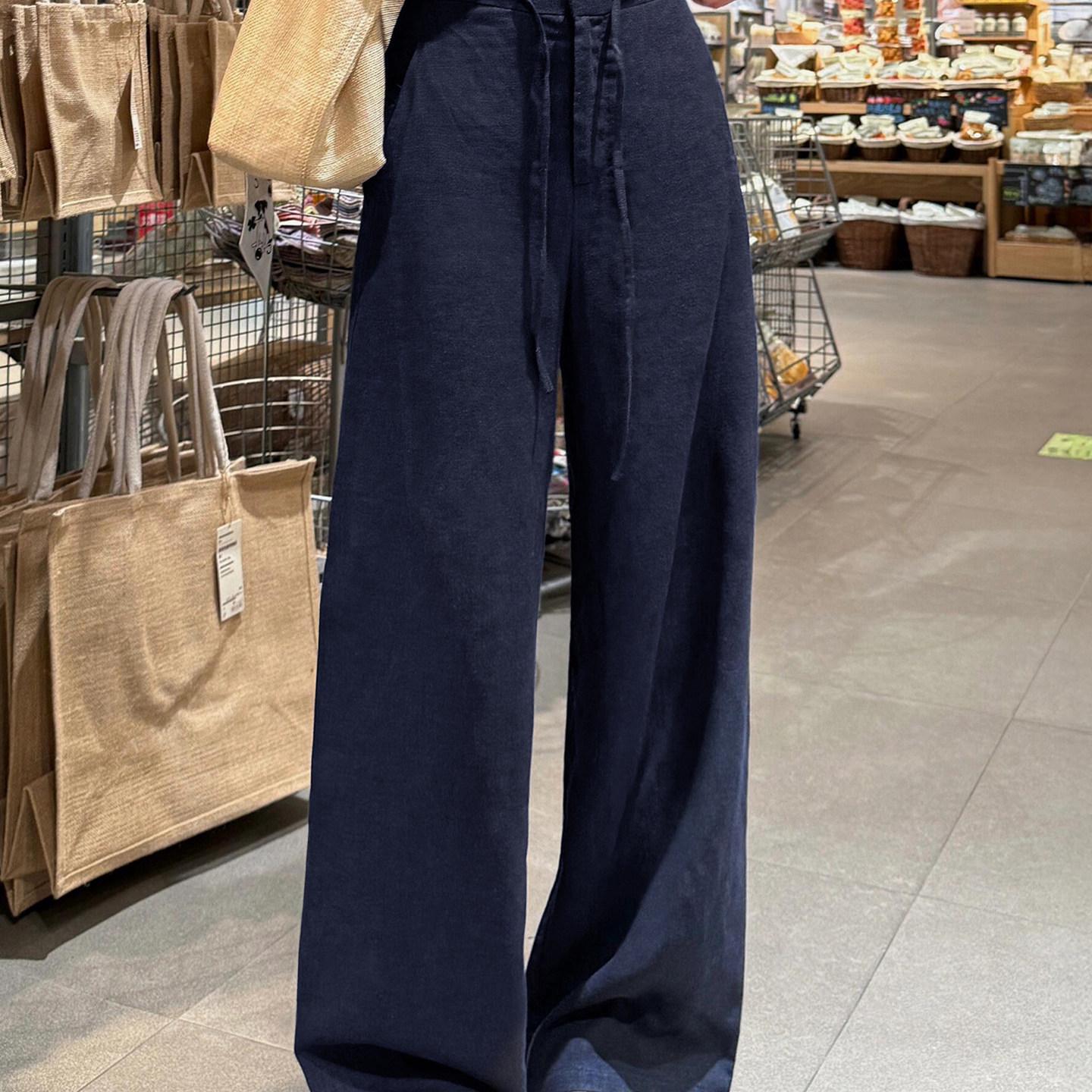 

Women s High-Waist White Linen Trousers - Spring 2026 Slimming Wide-Leg Cotton for Cool Summer Extra Large темно-синий