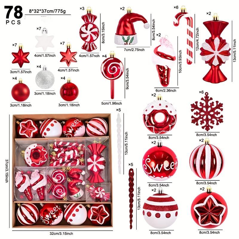 

78pcs Christmas Ball Mix Decoration Set Shatterproof Plastic Painted Christmas Hat Cane Christmas Elements Hanging Xmas Ornament other