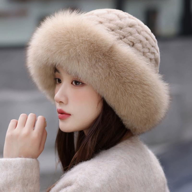 Bucket Hat Rabbit Hair Knitted Elastic Headgear Warm Female Autumn and Winter Fox Fur Hat