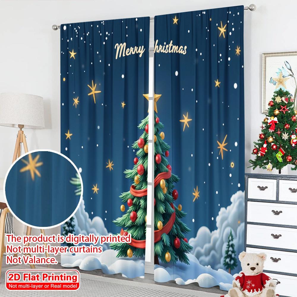 2pcs 2D Flat Printing Merry Christmas Popular Window Curtains Merry Christmas Tree Snow 100% Polyester Fabric Without