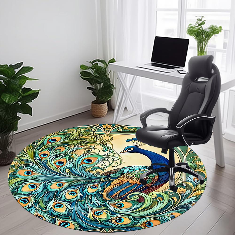 1pc Peacock Feather Office Round Area Rug, Under Office Chairs Bedroom Living Room Home Decor, Room Deco