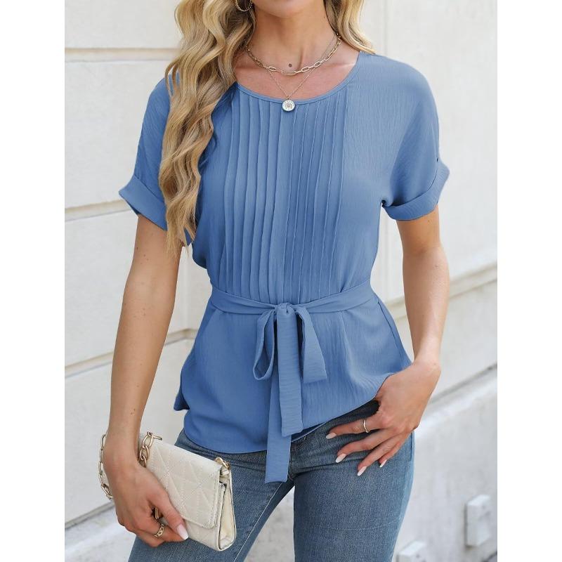 Spring Summer Casual Shirt with Ruffled Edges Pleated Round Neck Short Sleeved Top Fashion Women