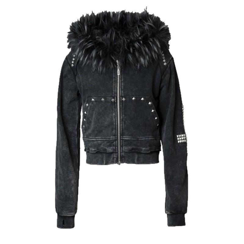 Felpa Vintage Lavata Stile Gotico Y2K con Bordino in Eco-Pelliccia con Zip Streetwear Donna Autunno Inverno