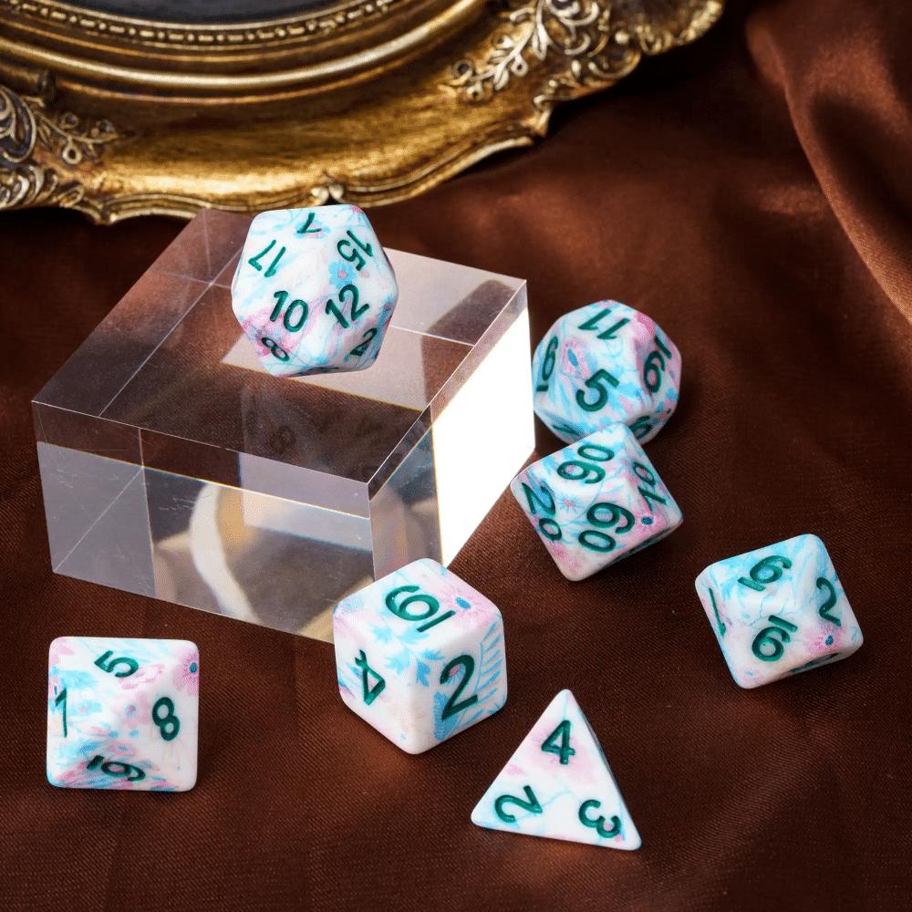 Cusdie Flower Printed DND Dices Multicolored D4-D20 Resin Polyhedral Dice Set for Dungeons and Dragons Role Playing Board Games