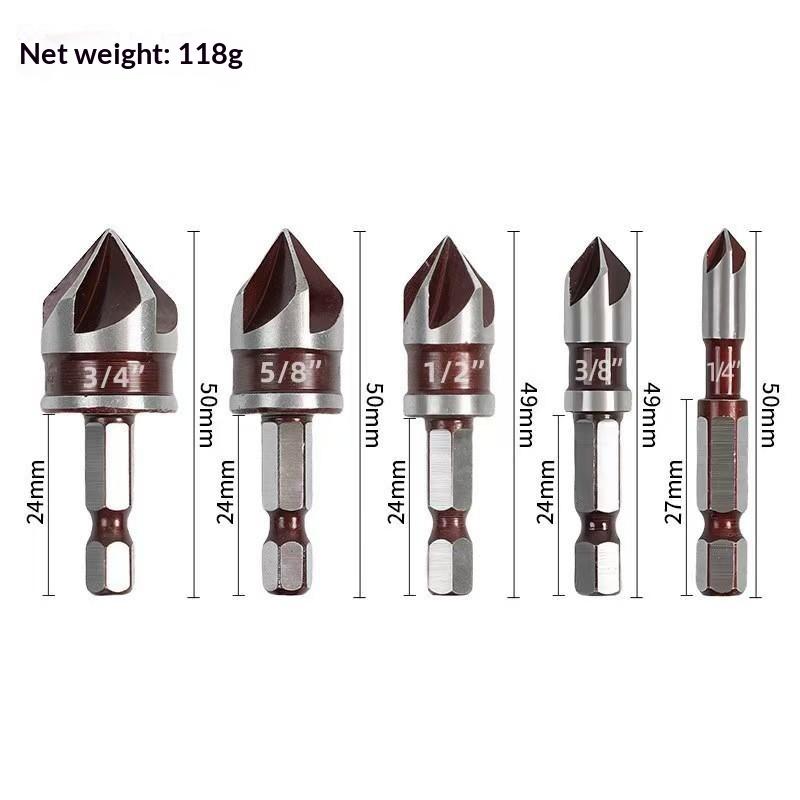 3/5Pcs 5 Flute Titanium Countersink Drill Bit Set With Automatic Center Punch For Woodworking Diy Metal Drilling