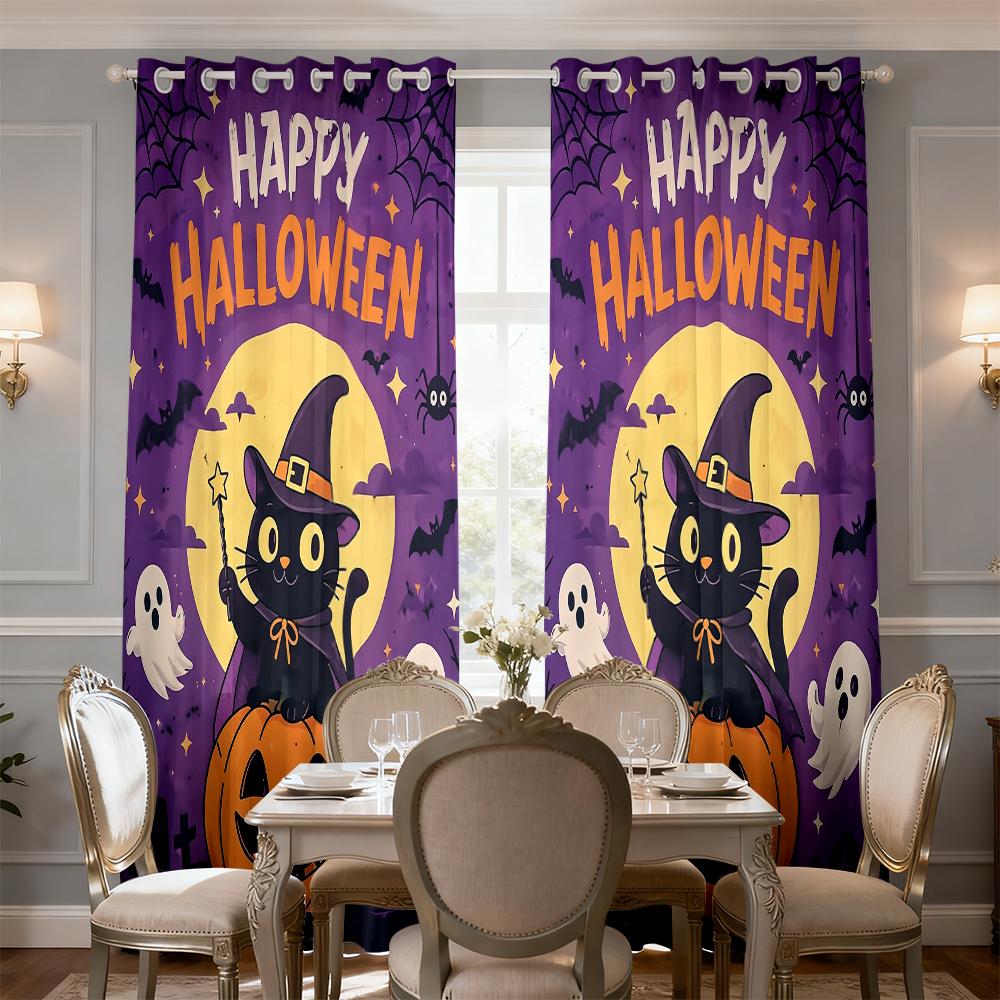 2pcs Halloween black cat pumpkin ghost print curtains holes light blocking living rooms bedrooms home decorations