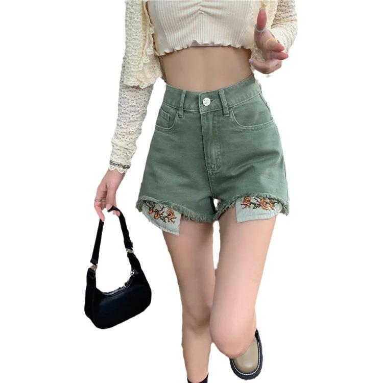 2024 Yaz Yeşil Yüksek Bel Geniş Paça Cepli Nakışlı Denim Şort - Çok Yönlü Büyük Beden