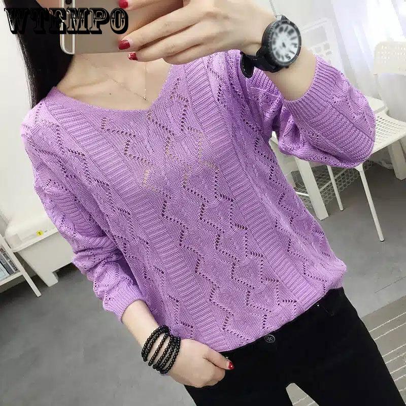 Women's Knitwear Hollow Long Sleeve Bottoming Shirt Spring and Autumn V-neck Thin Knitted Pullover Outfit Korean Style Sweaters