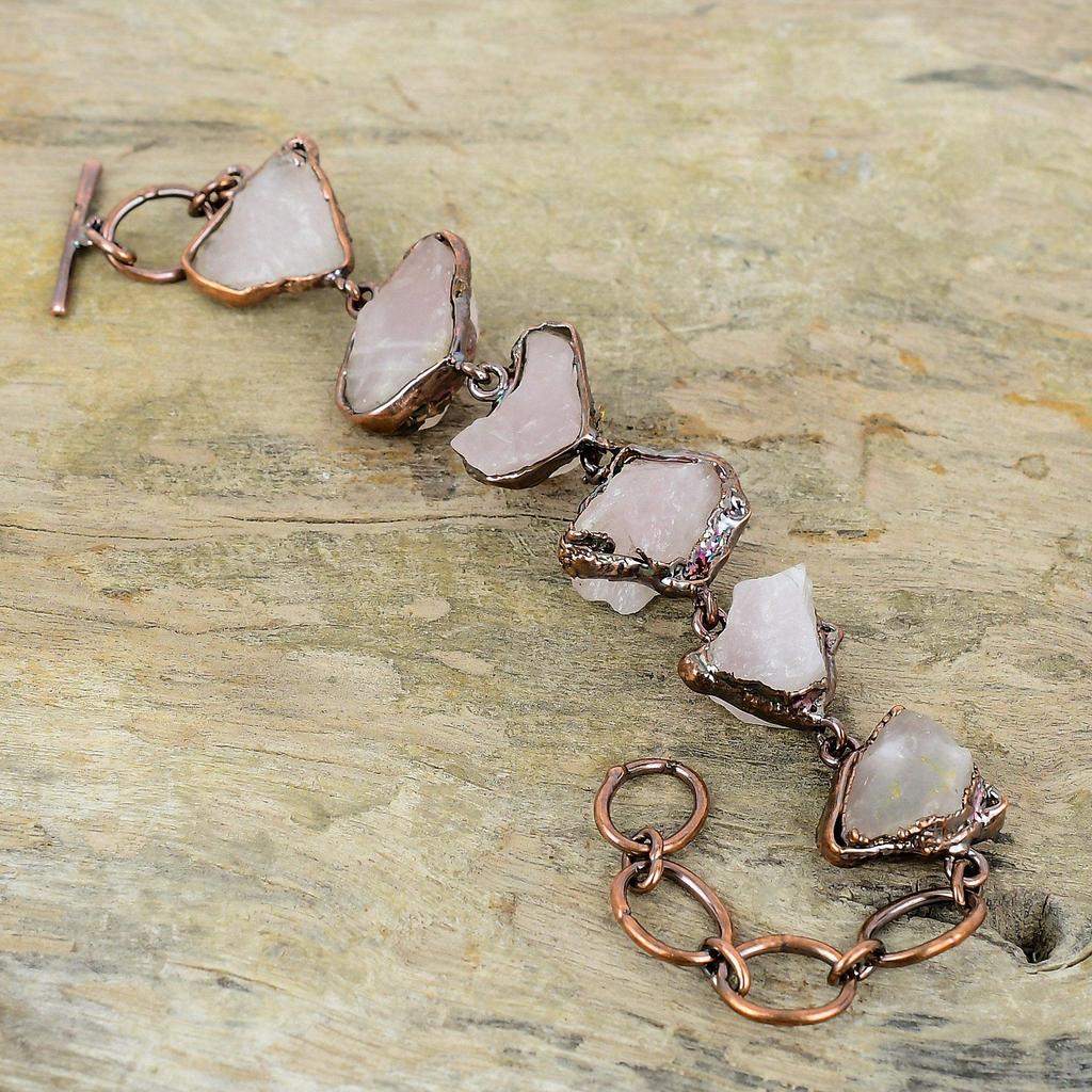 Rose Quartz Rough Bracelet Electroformed Copper Bracelet Adjustable Chain Bracelet Gemstone Bracelet For Gift Handmade Electroformed Jewelry