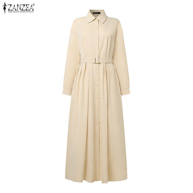 ZANZEA Damen Umlegekragen Langarm Casual Long Shirt Kleid