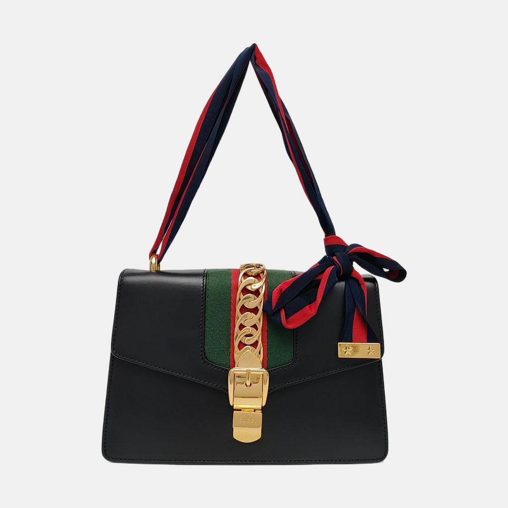 [Pre-Owned] Sylvie Gold Buckle Striped Web Satin Bow Wide Shoulder Strap Leather Handbag Crossbody Bag Shoulder Bag Small - Very Good #1F3DM4J